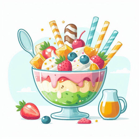 Fruit ice cream in a glass bowl. Vector cartoon illustration.のイラスト素材