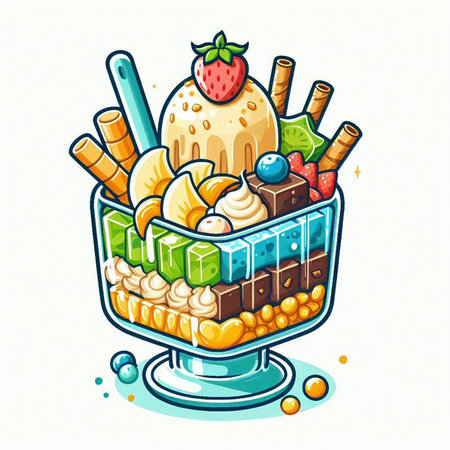 Ice cream in a glass bowl. Vector illustration on white background.のイラスト素材