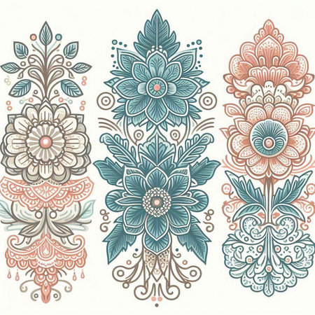 Vector set of ornamental floral elements in ethnic style. Hand drawn illustrationのイラスト素材