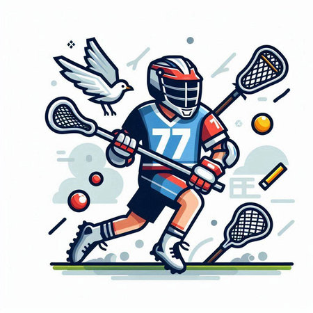 Lacrosse player in action, cartoon vector illustration isolated on white background.のイラスト素材