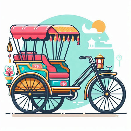 Colorful vector illustration of a tuk tuk with a basketのイラスト素材