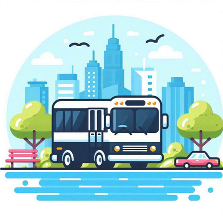 Bus on the road in the city. Vector illustration in flat styleのイラスト素材