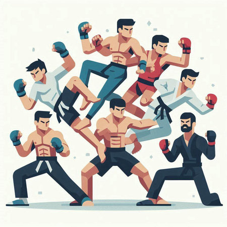 Cartoon vector illustration of a group of young men boxing in various poses.のイラスト素材