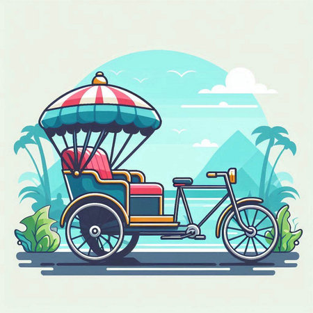 Rickshaw on the beach. Vector illustration in flat style.のイラスト素材