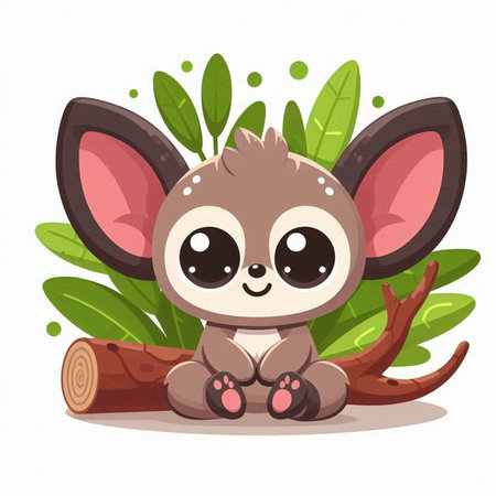 Cute little kawaii baby deer sitting on log. Vector illustration.のイラスト素材