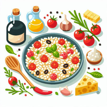 Risotto with tomatoes, olives, cheese and herbs. Italian cuisine. Vector illustrationのイラスト素材