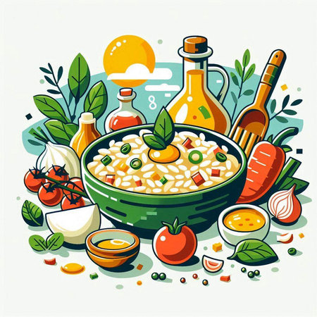 Risotto with vegetables and cheese in a bowl. Vector illustration.のイラスト素材