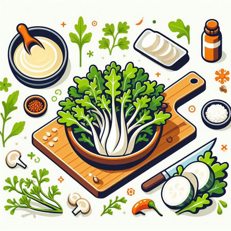 Vegetarian food background with greens and ingredients. Vector illustration.のイラスト素材
