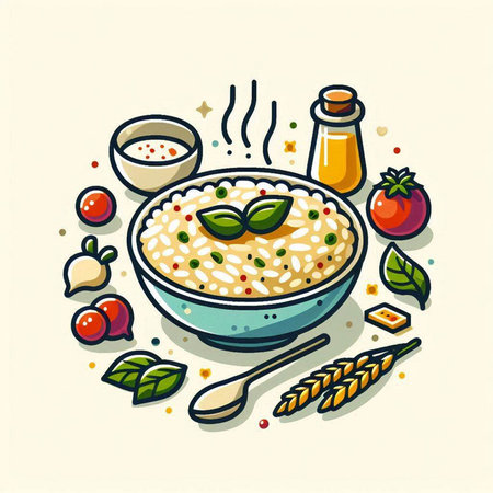 Illustration of a bowl of tasty risotto with fresh tomatoes and basil.のイラスト素材