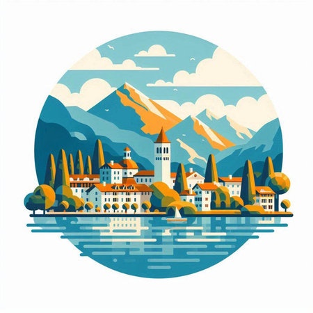 Landscape of Lake Bled, Slovenia, Europe. Vector illustration.のイラスト素材