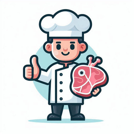 Cartoon chef holding steak and showing thumbs up. Vector illustration.のイラスト素材