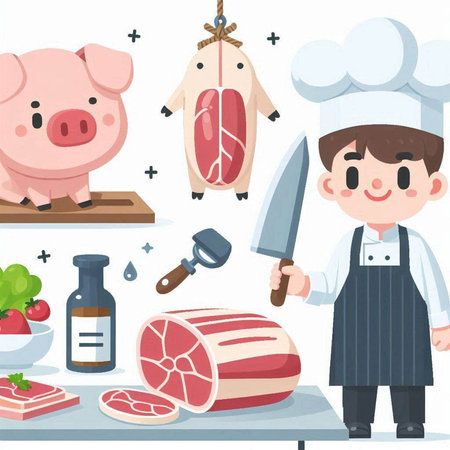 Cartoon vector illustration of a chef with meat and vegetables in the kitchenのイラスト素材