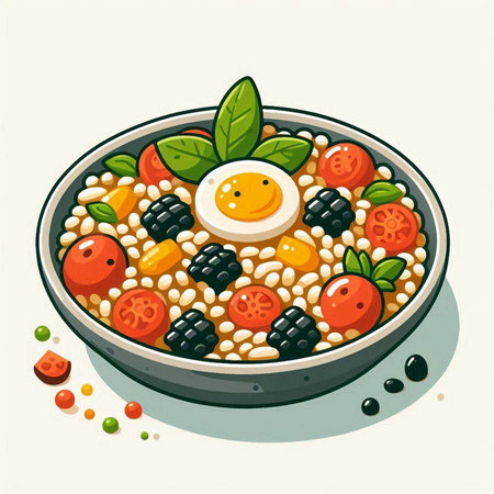 Bowl of porridge with egg and vegetables. Vector illustration.のイラスト素材