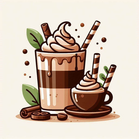 Coffee cup with whipped cream and cinnamon. Vector illustration.のイラスト素材