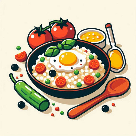 Illustration of oatmeal porridge with fried egg, tomatoes, cucumbers and pepperのイラスト素材