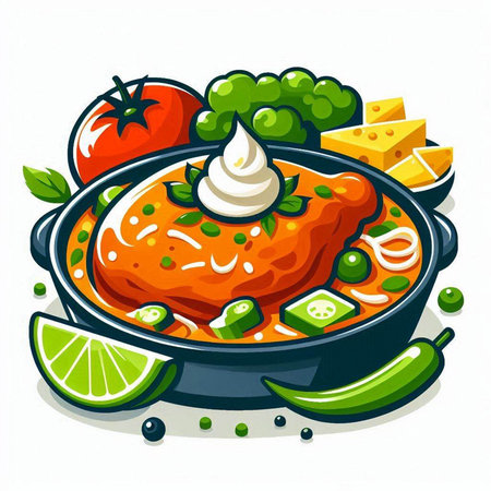 Illustration of chicken fillet in a frying pan with vegetables.のイラスト素材