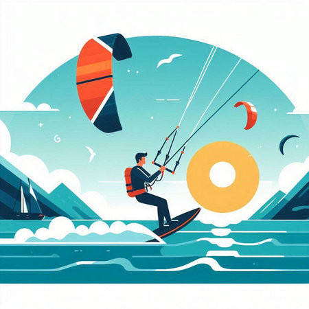 Kite surfing. Man kitesurfing in the sea. Vector illustrationのイラスト素材