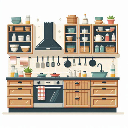 Kitchen interior with furniture and utensils. Vector illustration.のイラスト素材