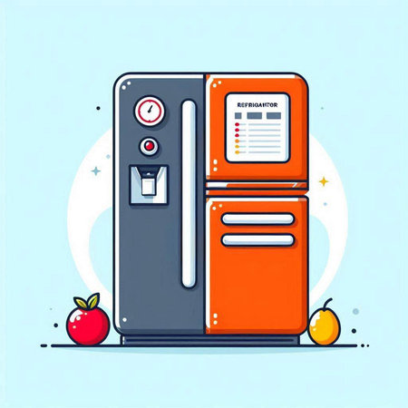 Refrigerator and apple. Vector illustration in flat cartoon style.のイラスト素材