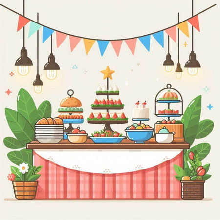 Catering table with food. Vector illustration in flat style.のイラスト素材