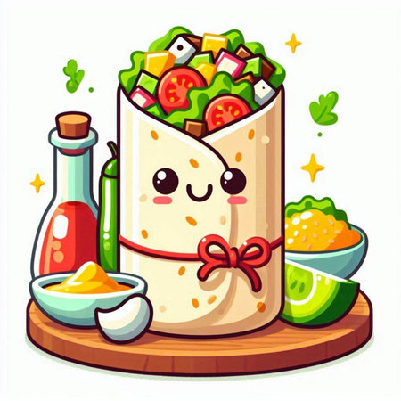 Kawaii shawarma with vegetables and sauce. Vector illustrationのイラスト素材