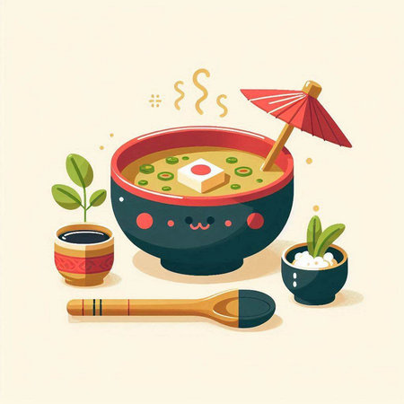 Japanese soup in a bowl with chopsticks. Vector illustration in cartoon style.のイラスト素材
