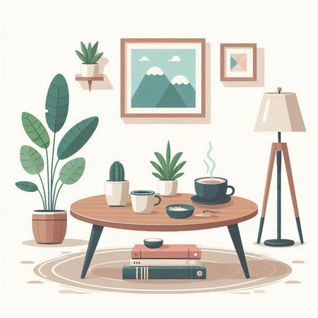 Interior of living room with coffee table, books and plants. Vector illustration.のイラスト素材