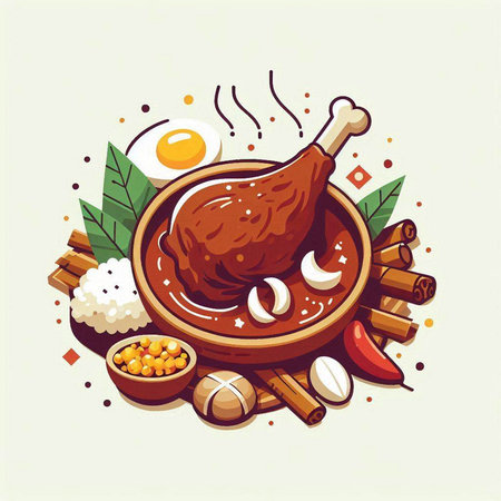 Illustration of chicken soup with rice, egg, spices and herbsのイラスト素材