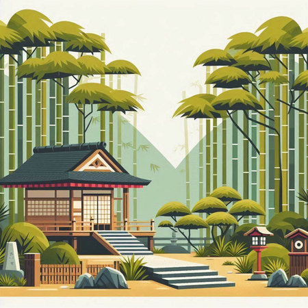 Japanese style house in the forest. Vector illustration in retro style.のイラスト素材