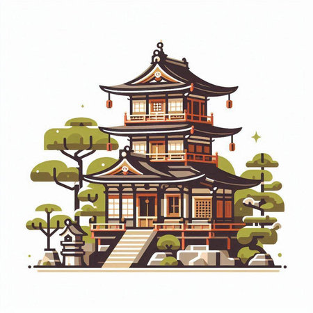 Traditional Japanese architecture in the park. Vector illustration isolated on white background.のイラスト素材