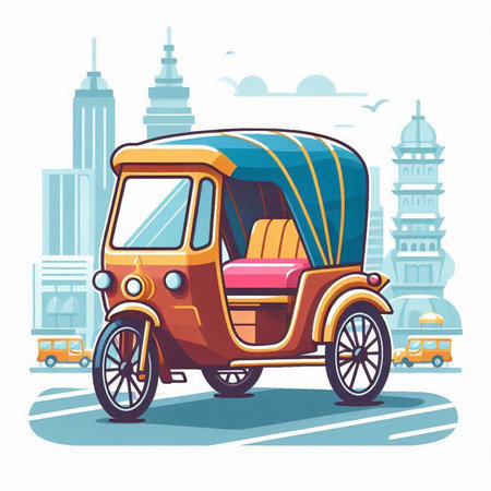 Rickshaw retro car on the city street, vector illustration.のイラスト素材