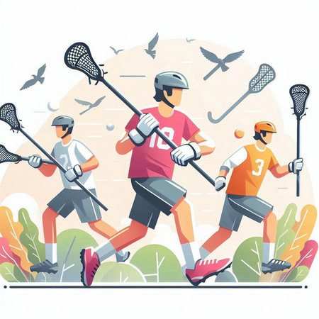Lacrosse players. Vector illustration in flat cartoon style, isolated on white background.のイラスト素材