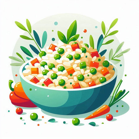 Vector illustration of a bowl of porridge with peas and carrots.のイラスト素材
