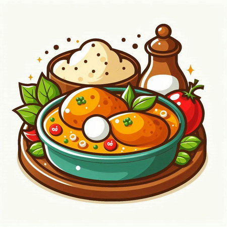 Illustration of a bowl of chicken curry with tomato and mozzarellaのイラスト素材