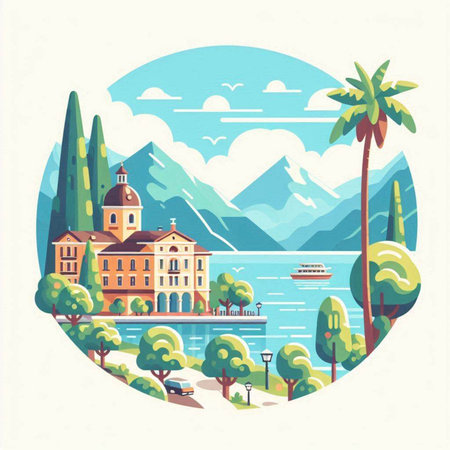 Landscape of Lake Como in Italy. Vector illustration in flat styleのイラスト素材