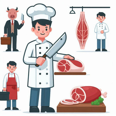Butcher, butcher, butcher, butcher shop. Vector illustration in flat styleのイラスト素材