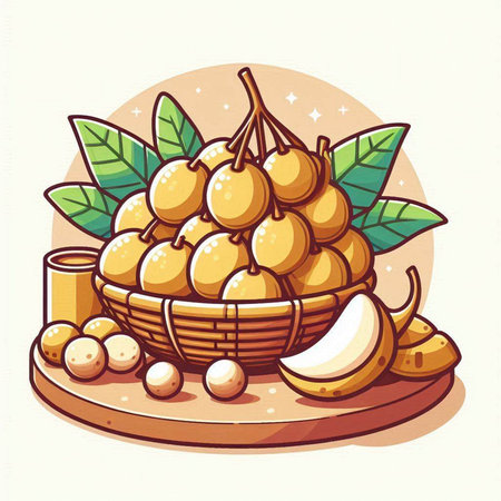 Wicker basket with ripe longan fruits. Vector cartoon illustration.のイラスト素材