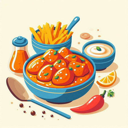 Illustration of a bowl of chicken with french fries and sauce.のイラスト素材