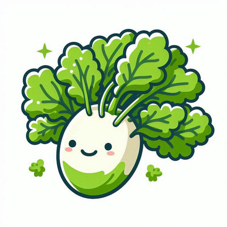 Cute kawaii radish with green leaves. Vector illustration.のイラスト素材
