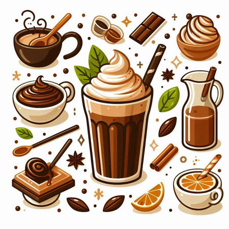Coffee icons set with cup of hot drink, coffee beans, cinnamon, chocolate, orange, star anise, cinnamon sticks, ice cream, cocoa powder, cup of coffee, whipped cream, cinnamon sticks, star anise.のイラスト素材