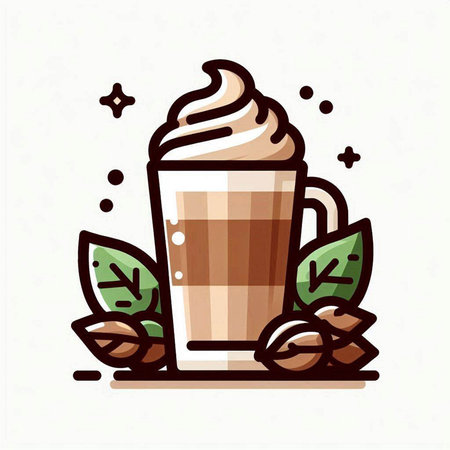 Coffee cup with whipped cream and coffee beans. Vector illustration.のイラスト素材