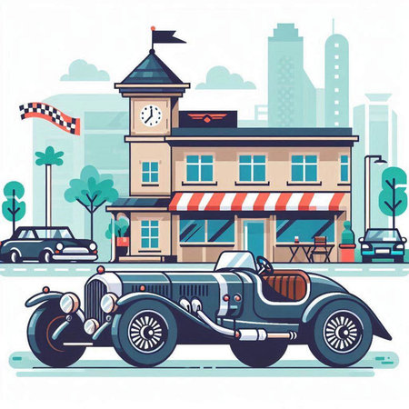 Vintage car on city street. Vector illustration in flat style.のイラスト素材