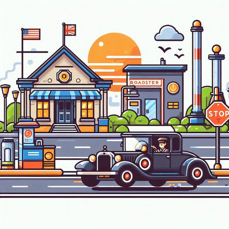 Retro cars on the city street. Vector illustration in flat styleのイラスト素材