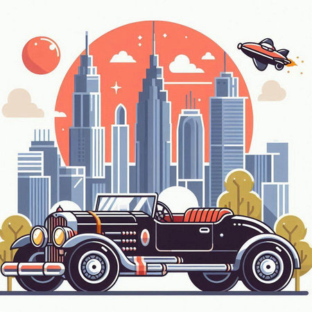 Vintage car on the background of the city. Vector illustration.のイラスト素材
