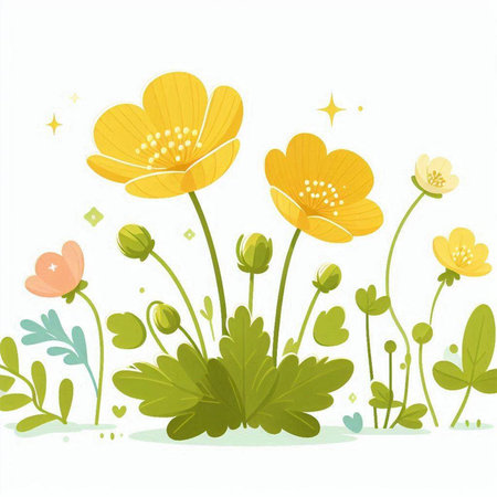 Spring background with yellow flowers and green leaves. Vector illustration for your designのイラスト素材