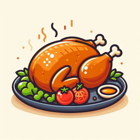 Roasted chicken with vegetables on a plate. Vector illustration in cartoon style.のイラスト素材