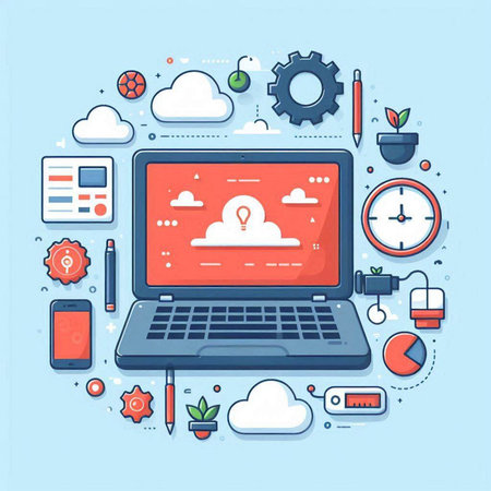 Cloud computing concept. Laptop with cloud computing icons. Vector illustrationのイラスト素材