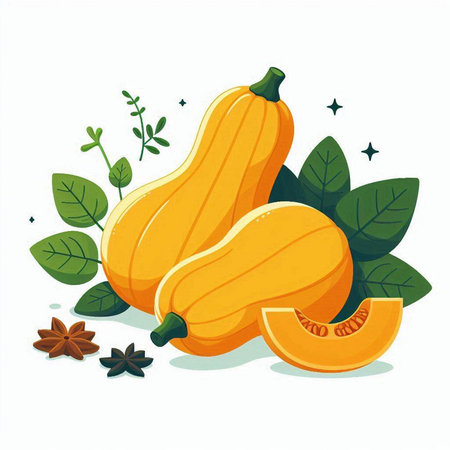 pumpkin fruits with leaves over white background, colorful design, vector illustrationのイラスト素材