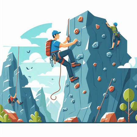 Mountaineer climbs on a cliff. Flat style vector illustration.のイラスト素材