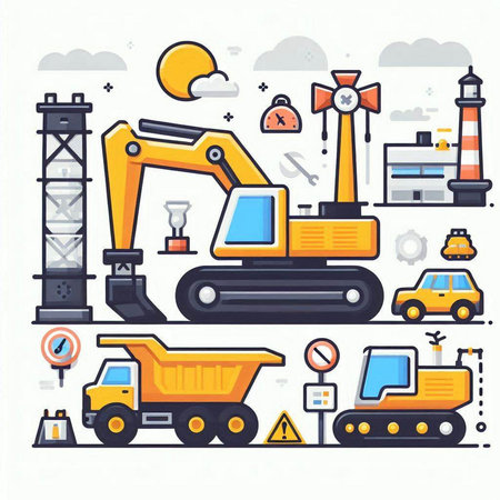 Flat line design modern vector illustration concept of industrial construction equipment.のイラスト素材
